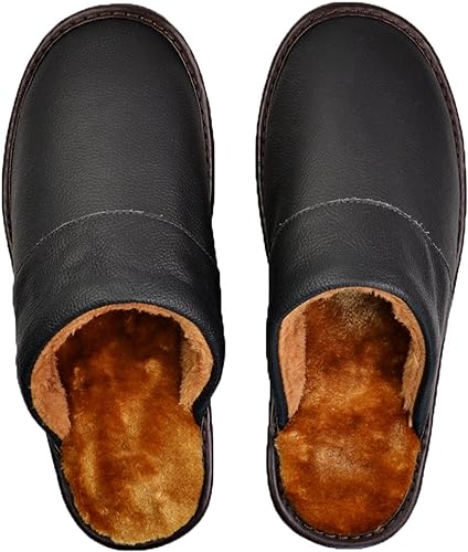 Chaussons D'hiver Noir En Cuir Véritable